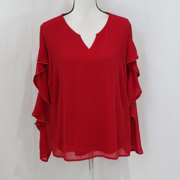 Thalia Sodi Tops - Thalia Sodi Red Ruffle Sleeve Gold Trim Blouse NWT